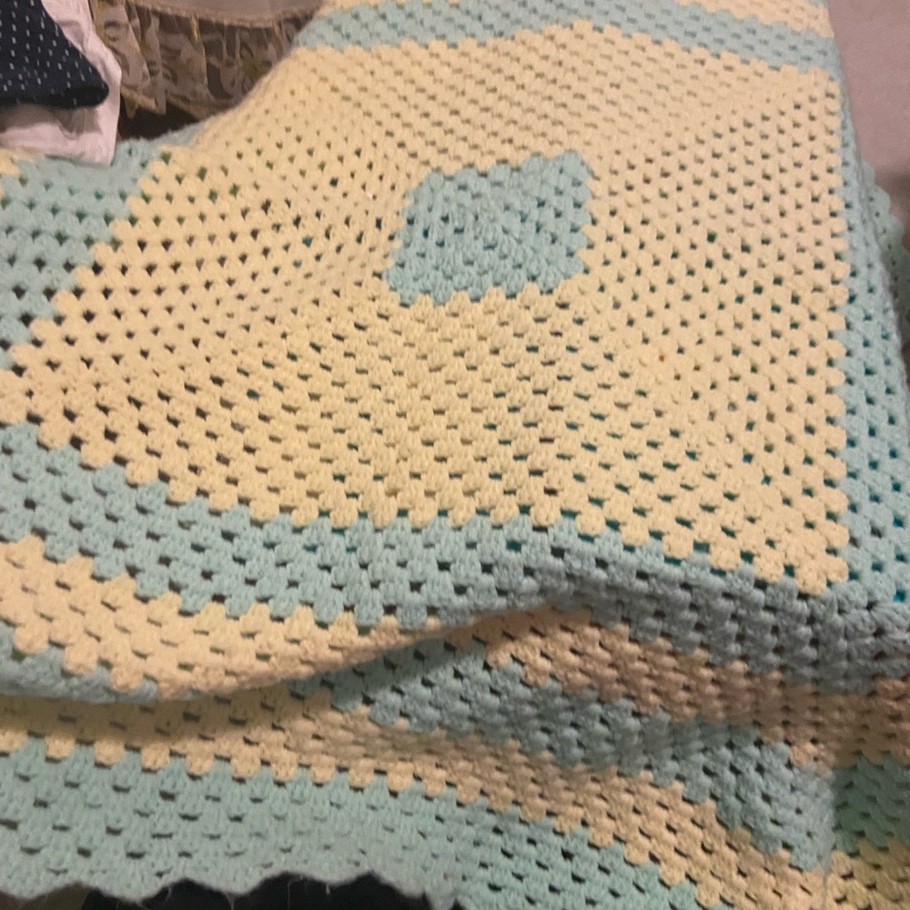 Handmade Crochet Blanket in Yellow and Blue crib size.